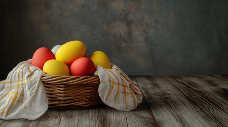 A vibrant arrangement of colorful eggs in a woven basket draped with a soft cloth, placed on a rustic wooden table against a muted gray background ideal for spring decorations.の素材