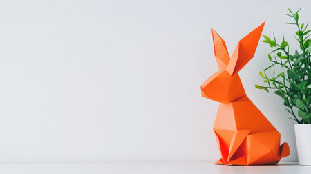 A striking orange origami rabbit sits beside a lush potted plant, creating a modern and artistic feel against a simple white background, perfect for contemporary decor.の素材