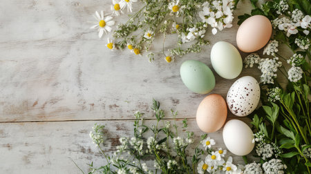 A charming display of pastel Easter eggs nestled among fresh flowers and greenery on a rustic wooden table, capturing the essence of spring and holiday joy.の素材