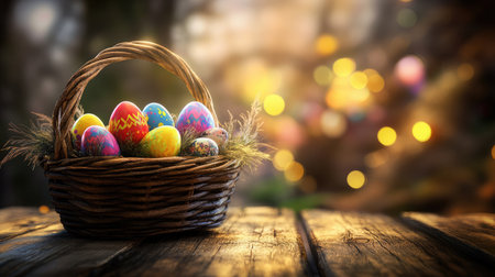 A beautifully arranged basket filled with colorful Easter eggs, set against a dreamy bokeh background, capturing the essence of spring celebrations and festive joy.の素材