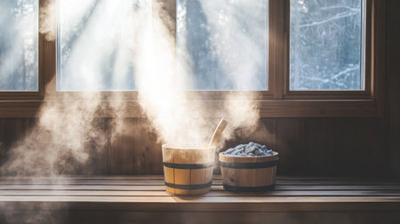 Warm and inviting sauna scene featuring traditional wooden buckets with steam rising, creating a relaxing atmosphere highlighted by soft sunlight streaming through windows.の素材
