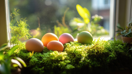 A captivating scene featuring colorful Easter eggs resting on lush green moss. Natural light filters through the window, creating an inviting and cozy indoor atmosphere.の素材