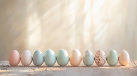 A serene arrangement of ten pastel eggs showcasing various colors and textures, beautifully lit to enhance their delicate features on a soft wooden background.の素材