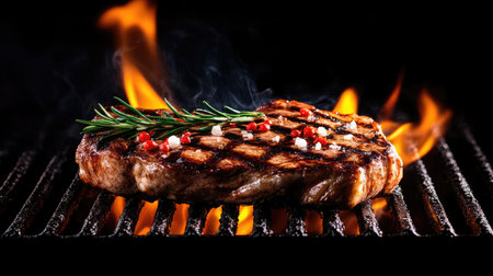 A beautifully grilled steak on a charcoal grill, emitting smoke and flames, highlighted with rosemary and spices, perfect for food lovers and culinary enthusiasts.の素材
