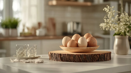 Aesthetic display of fresh organic eggs in a rustic bowl on a wooden stand, set against a bright kitchen backdrop with natural light and subtle floral accents, perfect for culinary inspiration.の素材