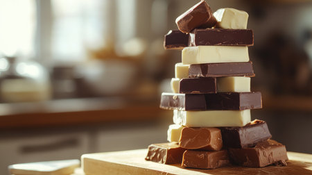 A visually appealing stack of assorted chocolate bars in different flavors rests on a wooden cutting board, creating a mouthwatering display in a cozy kitchen atmosphere.の素材