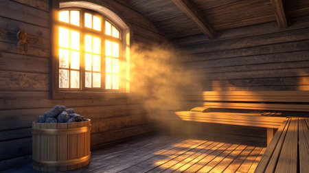 Enjoy the calming ambience of a rustic sauna with soft steam rising, golden sunlight illuminating the wooden interior, creating a perfect space for relaxation and wellness.の素材