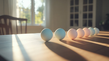 A beautifully arranged set of pastel colored eggs on a wooden table, illuminated by warm sunlight, creating a serene and inviting atmosphere in a cozy indoor space.の素材