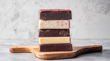 A visually appealing display of five chocolate bars stacked on a wooden board, highlighting various textures and rich colors, perfect for dessert enthusiasts and culinary artists.の素材