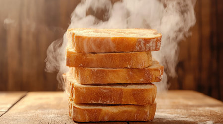 A stack of freshly toasted bread slices releases steam, showcasing a delightful golden texture against a rustic wooden background, perfect for culinary visuals.の素材