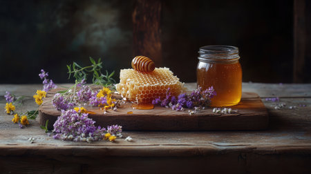 Capture the beauty of nature with this rustic still life featuring honeycomb and honey jar surrounded by vibrant wildflowers on a wooden table, embodying organic sweetness.の素材