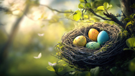 A serene nest holds beautifully colored Easter eggs surrounded by fresh green leaves, illuminated by gentle morning light, capturing the essence of spring and celebration.の素材