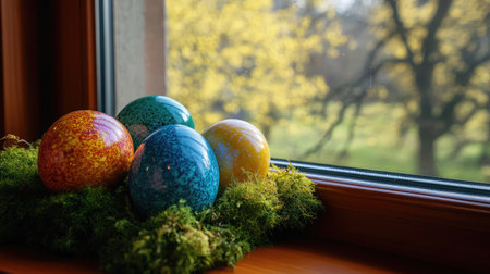 This image showcases colorful Easter eggs placed on green moss by a window, with a beautiful spring view outside, capturing the essence of the festive season beautifully.の素材