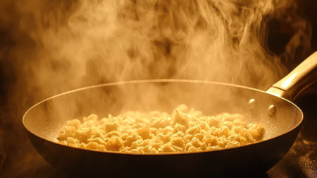 A vibrant scene of sizzling ingredients in a frying pan surrounded by steam, showcasing the art of cooking and creating delicious meals in a dynamic kitchen atmosphere.の素材