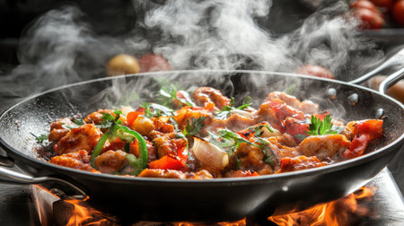 A vibrant chicken stir-fry featuring fresh vegetables and aromatic herbs, cooked in a sizzling skillet. Perfect for anyone seeking a flavorful meal in a home kitchen.の素材