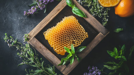 Beautiful honeycomb with fresh basil and herbs, complemented by orange, set on a dark background, ideal for food photography, healthy living, and organic themes.の素材