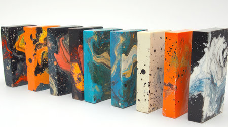 A collection of colorful resin art blocks arranged in vibrant patterns, showcasing intricate designs and textures ideal for home decor or creative craft projects.の素材