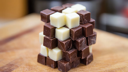 A visually striking arrangement of assorted chocolate cubes stacked on a wooden surface, showcasing the delightful blend of milk, dark, and white chocolates perfect for any sweet occasion.の素材
