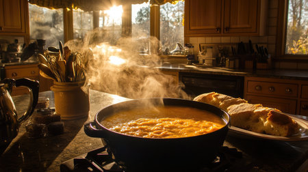 A delicious dish simmers in a pot, creating warm steam in a cozy kitchen filled with sunlight, evoking feelings of comfort and home-cooked goodness perfect for any meal.の素材