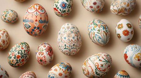 A collection of beautifully hand-painted Easter eggs featuring intricate floral designs and vibrant colors, arranged creatively on a soft, neutral background, perfect for spring festivities.の素材