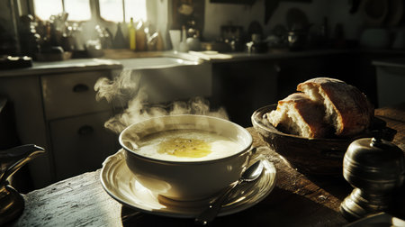 A cozy kitchen scene featuring a steaming bowl of soup and freshly baked bread, illuminated by natural light, creating a warm and inviting atmosphere perfect for any meal.の素材