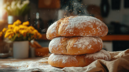 A stack of freshly baked artisan bread dusted with flour, set in a warm, inviting kitchen atmosphere filled with soft light and floral accents, perfect for food lovers.の素材