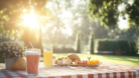 An inviting outdoor breakfast spread featuring fresh fruits, juices, and delicious treats on a checkered tablecloth, basking in warm morning sunlight and nature's beauty.の素材