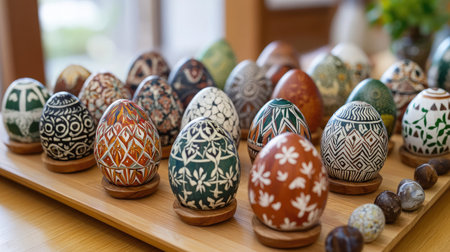 A stunning display of handcrafted decorative eggs featuring intricate patterns, showcasing artisan techniques and celebrating cultural traditions in a beautiful wooden tray.の素材