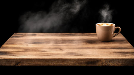 A steaming cup of coffee sits on a rustic wooden table, exuding warmth and comfort, perfect for a relaxed morning routine or cozy moments at home.の素材