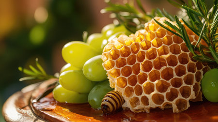 Beautiful close-up of honeycomb combined with fresh green grapes and a honey bee, creating a vibrant and natural outdoor scene ideal for food photography.の素材