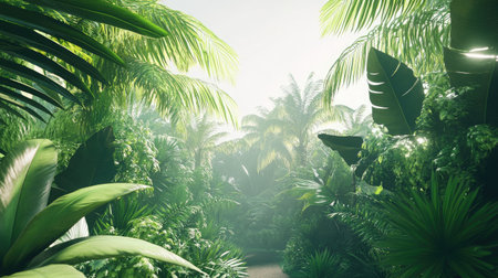 A captivating view of a lush tropical jungle pathway, enveloped by dense greenery and exotic plants, creating a serene atmosphere perfect for nature lovers and explorers.の素材