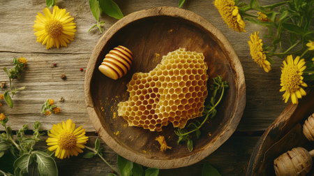 Beautiful raw honeycomb on a wooden plate, enhanced by fresh flowers and herbs, offering a perfect visual for culinary and health-focused concepts.の素材
