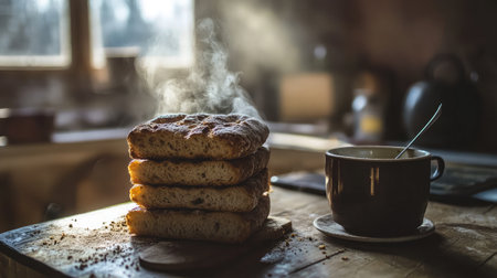 A cozy kitchen scene featuring freshly baked bread loaves emitting steam, alongside a warm cup of coffee, illuminated by soft morning light for a comforting ambiance.の素材