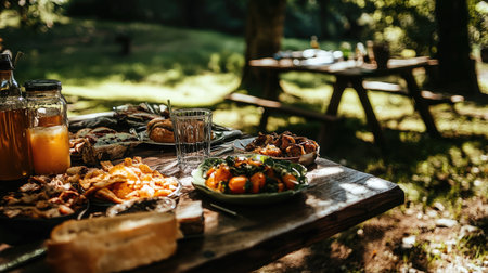 Enjoy a vibrant outdoor dining scene filled with fresh vegetables, fruits, and delightful dishes, perfect for a summer picnic in a lush natural setting.の素材
