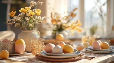 A beautifully arranged tablescape featuring colorful Easter eggs and fresh flowers, bathed in natural light, creating a joyful atmosphere perfect for spring celebrations.の素材