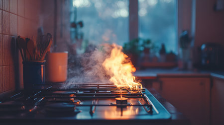 A gas stove shows flames and smoke, symbolizing a potential cooking mishap. The scene emphasizes the importance of kitchen safety and fire awareness in home environments.の素材