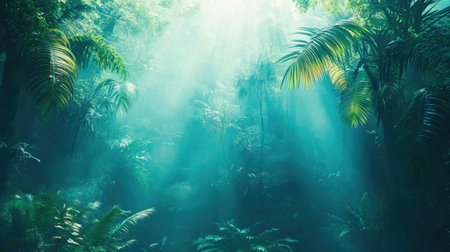 Explore a captivating jungle landscape where sunlight breaks through a rich canopy, creating a serene and enchanting atmosphere filled with vibrant greenery and mist.の素材