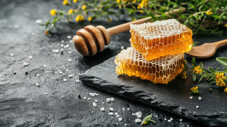 This visually appealing image showcases fresh honeycomb with dripping honey on a slate surface, surrounded by herbs, perfect for culinary and health-themed projects.の素材