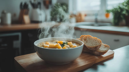 A steaming bowl of homemade soup sits invitingly on a wooden cutting board, accompanied by fresh bread, capturing the essence of a cozy kitchen and comforting meal experience.の素材
