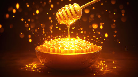 A beautiful close-up of golden honey dripping elegantly from a wooden dipper into a bowl filled with honeycomb, illuminated by a warm, sparkling background, showcasing the sweetness of nature.の素材