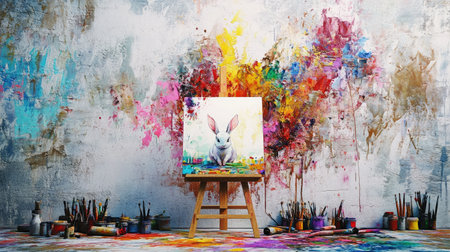A vibrant art studio showcases a rabbit painting on an easel, surrounded by colorful paint splashes and an array of art supplies, inspiring creativity and imagination.の素材