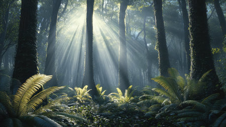 A tranquil forest scene showcasing sunlight rays breaking through a dense canopy, illuminating vibrant ferns and creating a serene atmosphere in nature.の素材