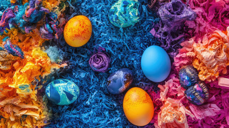 A vibrant display of Easter eggs among colorful shredded paper, showcasing a joyful and playful arrangement perfect for springtime celebrations and festive decorations.の素材