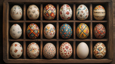 A beautiful collection of hand-painted eggs arranged in a wooden tray, showcasing unique and intricate designs, ideal for Easter celebrations and seasonal decor.の素材