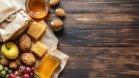A beautiful arrangement of honey, assorted nuts, and fresh fruits on a wooden table, showcasing natural ingredients perfect for healthy recipes or sweet indulgence.の素材