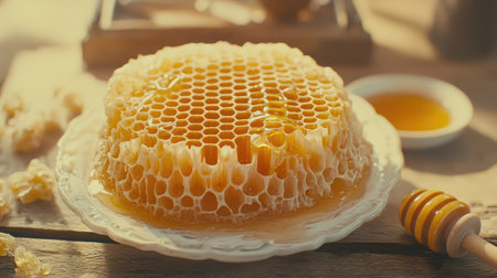 A beautiful honeycomb sits fresh on a rustic wooden table, surrounded by honey, showcasing the natural sweetness and vibrant texture perfect for cooking and baking.の素材