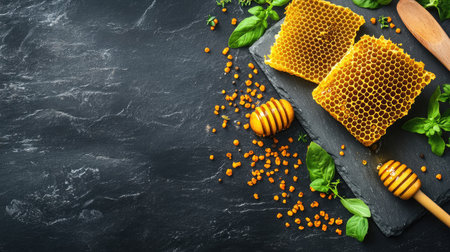 A beautifully arranged scene featuring natural honeycomb, fresh basil, and golden honey, highlighting vibrant colors and textures ideal for culinary and wellness themes.の素材