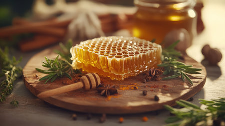 A beautiful honeycomb with a drizzle of golden honey sits on a rustic wooden board, accented by aromatic herbs and spices, perfect for culinary inspiration and healthy eating.の素材
