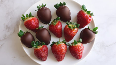 A beautiful arrangement of chocolate covered strawberries and fresh strawberries on a white plate, perfect for dessert ideas, celebrations, or romantic occasions. Enjoy the sweet indulgence!の素材