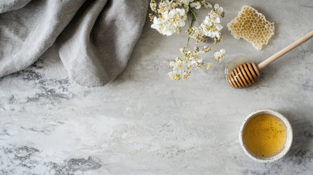 This stunning arrangement captures honey, beeswax, flowers, and cloth on marble, perfect for wellness and culinary themes, evoking tranquility and natural beauty.の素材